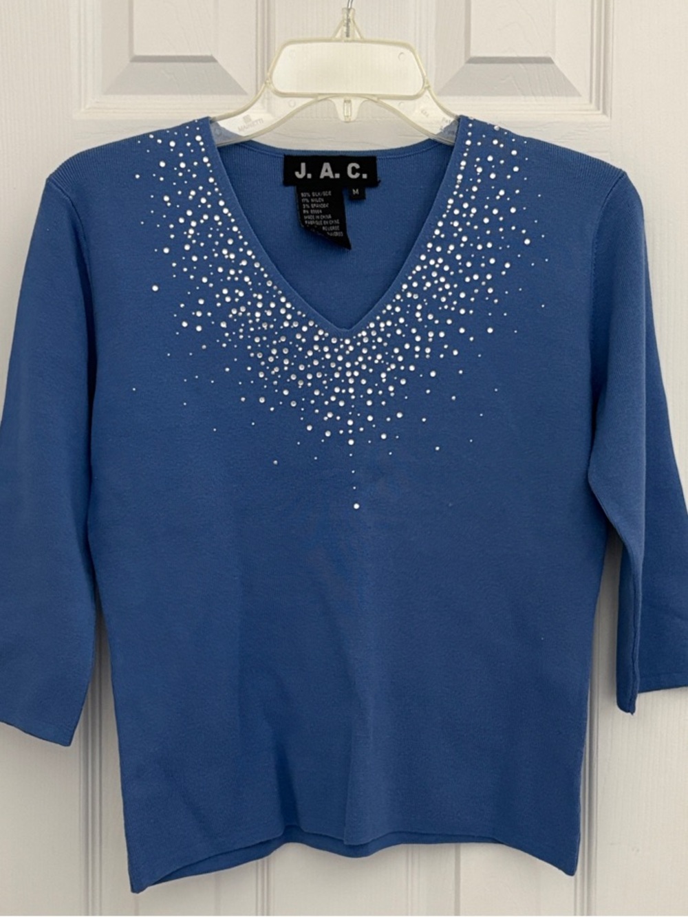 Women's Blue V-Neck Embellished Short Sleeve Top